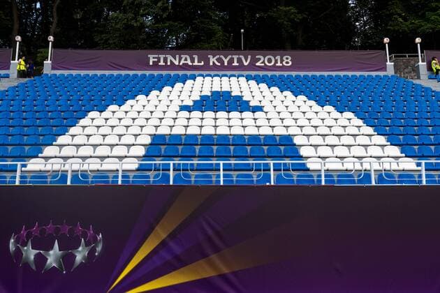 WOMEN SOCCER - UEFA Women CL, Wolfsburg vs Lyon KIEV,UKRAINE,24.MAY.18 - WOMEN SOCCER - UEFA Women Champions League, final, VfL Wolfsburg vs Olympique Lyon, preview. Image shows a tribune and a logo. GEPAxpictures xMaticxKlansek