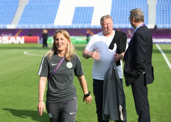 Lyon vs Wolfsburg Final CL Women Kiev Ukraine 24 05 2018 FOOTBALL Olympique Lyon vs VfL Wolfsburg Final UEFA Womens Champions League Season 2017 18 Picture shows Co Coach Britta Carlson VfL Wolfsburg DFB President Reinhard Grindel Horst Hrubesch KYIV