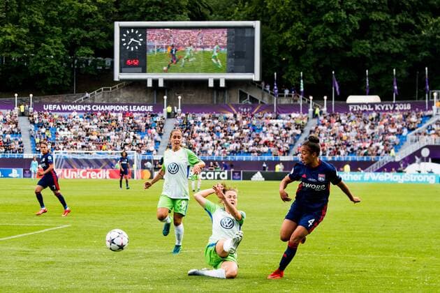 180524 Anna Blässe and Caroline Graham Hansen of Wolfsburg and Selma Bacha of Lyon during the UEFA Womens Champions League final between Wolfsburg and Olympique Lyonnais on May 24, 2018 in Kyiv Photo Vegard Wivestad Cave BILDBYRAN Code VG 170174  Copyright: VEGARDxWIVESTADxGRoTT BB180524BB037
