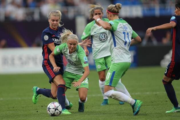 WOMEN SOCCER - UEFA Women CL, Wolfsburg vs Lyon KIEV,UKRAINE,24.MAY.18 - WOMEN SOCCER - UEFA Women Champions League, final, VfL Wolfsburg vs Olympique Lyon. Image shows Ada Hegerberg (Lyon), Pernille Harder and Ewa Pajor (Wolfsberg). GEPAxpictures xMaticxKlansek
