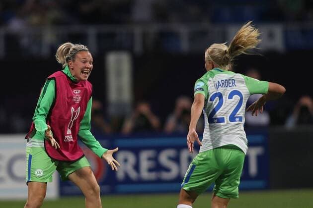 WOMEN SOCCER - UEFA Women CL, Wolfsburg vs Lyon KIEV,UKRAINE,24.MAY.18 - WOMEN SOCCER - UEFA Women Champions League, final, VfL Wolfsburg vs Olympique Lyon. Image shows the rejoicing of Merle Frohms and Pernille Harder (Wolfsburg). GEPAxpictures xMaticxKlansek
