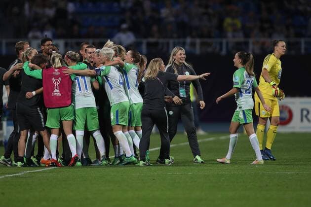 WOMEN SOCCER - UEFA Women CL, Wolfsburg vs Lyon KIEV,UKRAINE,24.MAY.18 - WOMEN SOCCER - UEFA Women Champions League, final, VfL Wolfsburg vs Olympique Lyon. Image shows the rejoicing of Wolfsburg. GEPAxpictures xMaticxKlansek