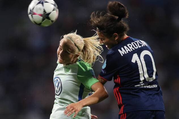 WOMEN SOCCER - UEFA Women CL, Wolfsburg vs Lyon KIEV,UKRAINE,24.MAY.18 - WOMEN SOCCER - UEFA Women Champions League, final, VfL Wolfsburg vs Olympique Lyon. Image shows Pernille Harder (Wolfsburg) and Dzsenifer Marozsan (Lyon). GEPAxpictures xMaticxKlansek