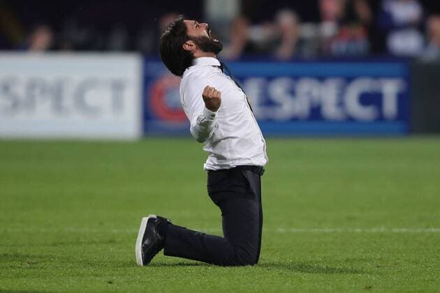 WOMEN SOCCER - UEFA Women CL, Wolfsburg vs Lyon KIEV,UKRAINE,24.MAY.18 - WOMEN SOCCER - UEFA Women Champions League, final, VfL Wolfsburg vs Olympique Lyon. Image shows the rejoicing of head coach Reynald Pedros (Lyon). GEPAxpictures xMaticxKlansek