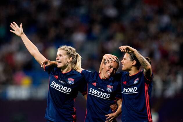 180524 Ada Hegerberg Camille Abily and Dzsenifer Marozsan of Lyon celebrate after the 4 1 goal during the UEFA Womens Champions League final between VfL Wolfsburg and Olympique Lyonnais on May 24 2018 in Kyiv Photo Vegard Wivestad Cave BILDBYRAN Code VG 170174  Copyright: VEGARDxWIVESTADxGRoTT BB180524BB081