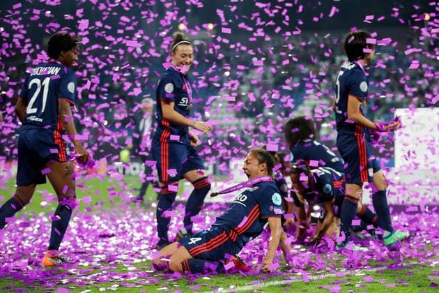 WOMEN SOCCER - UEFA Women CL, Wolfsburg vs Lyon KIEV,UKRAINE,24.MAY.18 - WOMEN SOCCER - UEFA Women Champions League, final, VfL Wolfsburg vs Olympique Lyon. Image shows the rejoicing of SelmaÊBacha (Lyon). Keywords: medal. GEPAxpictures xMaticxKlansek