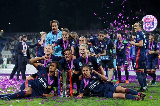 WOMEN SOCCER - UEFA Women CL, Wolfsburg vs Lyon KIEV,UKRAINE,24.MAY.18 - WOMEN SOCCER - UEFA Women Champions League, final, VfL Wolfsburg vs Olympique Lyon. Image shows the rejoicing of Lyon. Keywords: trophy, medals. GEPAxpictures xMaticxKlansek