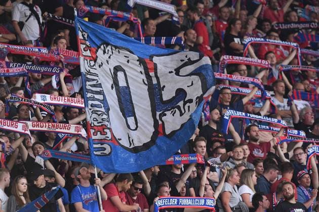 Football Regionalliga promotion Playoffs KFC Uerdingen SV Waldhof Mannheim on 24 05 2018 in the Schauinsland Travel Arena in Duisburg Fans fan block of KFC Uerdingen xRx