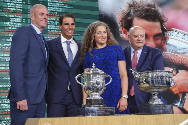 Guy Forget ( Directeur du Grand Chelem de Roland Garros ) Rafael Nadal Jelena Ostapenko Bernard Giudicelli ( President FFT ) TENNIS : Tirage au sort - Roland Garros 2018 - Internationaux de France - 24 05 2018 GwendolineLeGoff Panoramic 