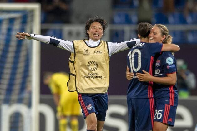 Saki Kumagai of Lyon and Dzsenifer Marozsan of Lyon and Amandine Henry of Lyon celebrates the victory at the end of the game during the UEFA Women s Champions League Final match between VfL Wolfsburg 1-4 Olympique Lyon at Valeriy Lobanovskyi Dynamo Stadium in Kiev, Ukraine, on May 24, 2018. Noxthirdxpartyxsales  (78857142)