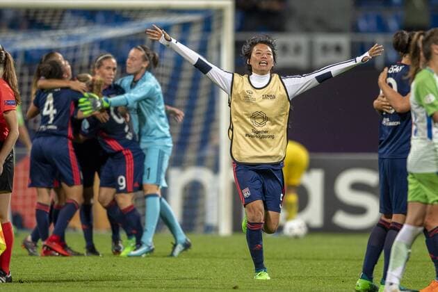 Saki Kumagai of Lyon celebrates the victory at the end of the game during the UEFA Women s Champions League Final match between VfL Wolfsburg 1-4 Olympique Lyon at Valeriy Lobanovskyi Dynamo Stadium in Kiev, Ukraine, on May 24, 2018. Noxthirdxpartyxsales  (78857143)