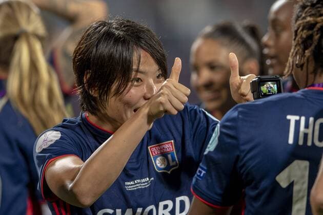 Saki Kumagai of Lyon celebrates the victory at the end of the game during the UEFA Women s Champions League Final match between VfL Wolfsburg 1-4 Olympique Lyon at Valeriy Lobanovskyi Dynamo Stadium in Kiev, Ukraine, on May 24, 2018. Noxthirdxpartyxsales  (78857177)