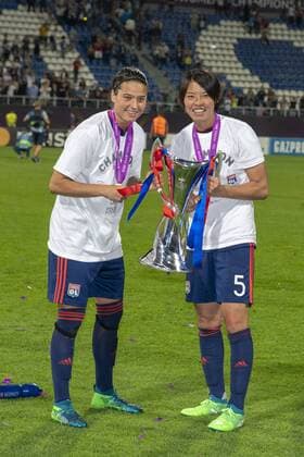 Dzsenifer Marozsan of Lyon and Saki Kumagai of Lyon with Trophy during the UEFA Women s Champions League Final match between VfL Wolfsburg 1-4 Olympique Lyon at Valeriy Lobanovskyi Dynamo Stadium in Kiev, Ukraine, on May 24, 2018. Noxthirdxpartyxsales  (78857230)