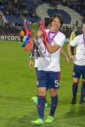 Saki Kumagai of Lyon with Trophy during the UEFA Women s Champions League Final match between VfL Wolfsburg 1-4 Olympique Lyon at Valeriy Lobanovskyi Dynamo Stadium in Kiev, Ukraine, on May 24, 2018. Noxthirdxpartyxsales  (78857234)