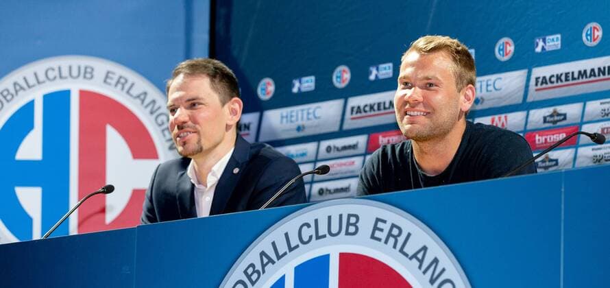 25 05 2018 Handball 1 Bundesliga Season 2017 2018 HC Erlangen HCE Press Conference Press Conference Media Date Presentation New Entry Petter Overby ThHa Rene Selke Managing Director HC Erlangen HCE and Petter Overby 9 HC Erlangen HCE
