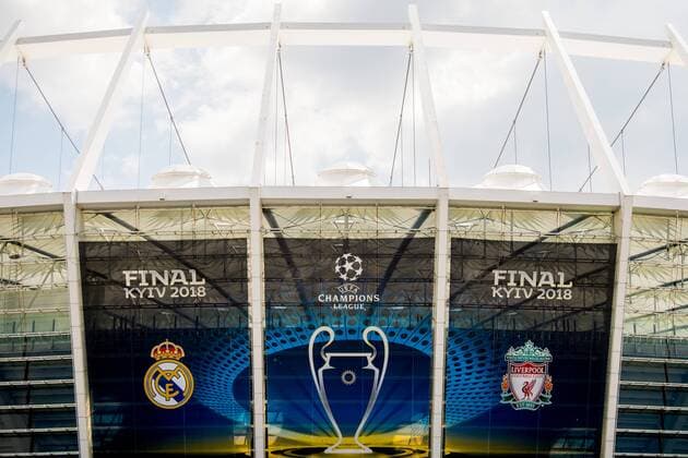 180525 General exterior view of the NSC Olimpiyskiy stadium ahead of the UEFA Champions League final between Real Madrid and Liverpool on May 25, 2018 in Kyiv Photo Vegard Wivestad GRAD PICTURE BENCH N Code VG 170175  Copyright: VEGARDxWIVESTADxGR¯TT BB180525BB010