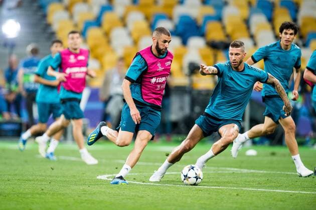 180525 Karim Benzema and Sergio Ramos or Real Madrid during a training session on May 25, 2018 in Kyiv Photo Vegard Wivestad Grott BILDBYRAN Code VG 170177  Copyright: VEGARDxWIVESTADxGRoTT BB180525BB073