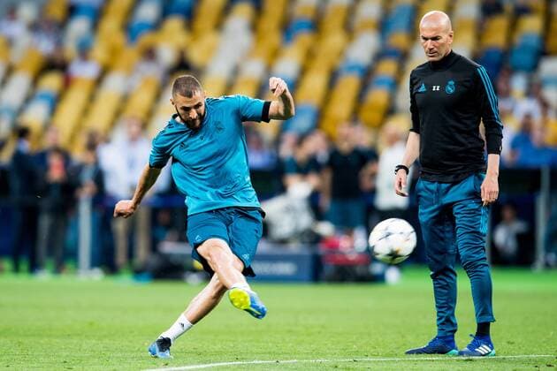 180525 Karim Benzema or Real Madrid and Zinedine Zidane head coach of Real Madrid during a training session on May 25, 2018 in Kyiv Photo Vegard Wivestad Grott BILDBYRAN Code VG 170177  Copyright: VEGARDxWIVESTADxGRoTT BB180525BB124