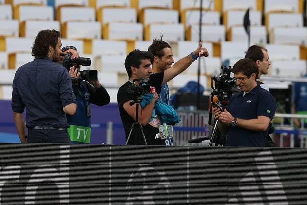 Real Madrid Training Spanish cameraman Lorenzana Prieto of Univision Deportes Network (USA) had his camera hit by a wild shot from Cristiano Ronaldo of Real Madrid which in turn hit him in the face causing a deep cut over his right eye. The Real Madrid star then sent his training top via a member of the backrooom team over to Lorenzana and waved an apology during the Real Madrid training session at the Olympic Stadium, Kiev Content Not Available For UK Newspapers Copyright: xPaulxChestertonx FIL-11836-0007