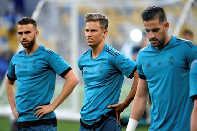 Real Madrid Spanish forward, Borja Mayoral (L), Spanish midfielder Marcos Llorente (C) and Spanish goalkeeper Kico Casilla (R) attend a team training session at the NSC Olimpiyskiy stadium in Kiev, Ukraine, 25 May 2018. Real Madrid will face Liverpool FC in the Champions League final at the NSC Olimpiyskiy stadium in Kiev on 26 May 2018. Real Madrid training session !ACHTUNG: NUR REDAKTIONELLE NUTZUNG!  Copyright: xMykolaxTysx GRAF5913 20180525-636628775096079408