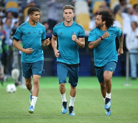 Real Madrid Training Achraf Hakimi of Real Madrid, Marcos Llorente of Real Madrid and Marcelo of Real Madrid during the Real Madrid training session at the Olympic Stadium, Kiev Content Not Available For UK Newspapers Copyright: xPaulxChestertonx FIL-11836-0018