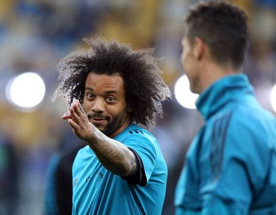Real Madrid Training Marcelo of Real Madrid jokes with Cristiano Ronaldo of Real Madrid during the Real Madrid training session at the Olympic Stadium, Kiev Content Not Available For UK Newspapers Copyright: xPaulxChestertonx FIL-11836-0024