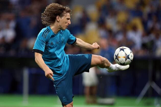 Real Madrid Training Luka Modric of Real Madrid has a shot on goal during the Real Madrid training session at the Olympic Stadium, Kiev Content Not Available For UK Newspapers Copyright: xPaulxChestertonx FIL-11836-0043