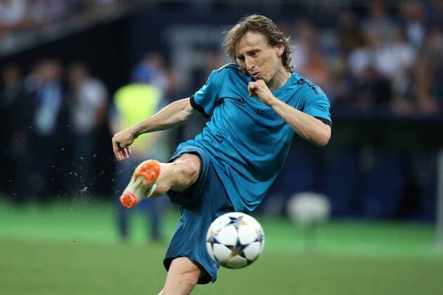 Real Madrid Training Luka Modric of Real Madrid has a shot on goal during the Real Madrid training session at the Olympic Stadium, Kiev Content Not Available For UK Newspapers Copyright: xPaulxChestertonx FIL-11836-0049