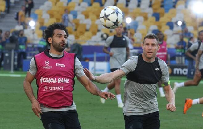 (180526) -- KIEV, May 26, 2018 -- Mohamed Salah (L) and James Milner of Liverpool attend a training session before the UEFA Champions League final match between Liverpool and Real Madrid at the Olympic Stadium in Kiev, Ukraine, May 25, 2018. ) (SP)UKRAINE-KIEV-CHAMPIONS LEAGUE-TRAINING Sergey 