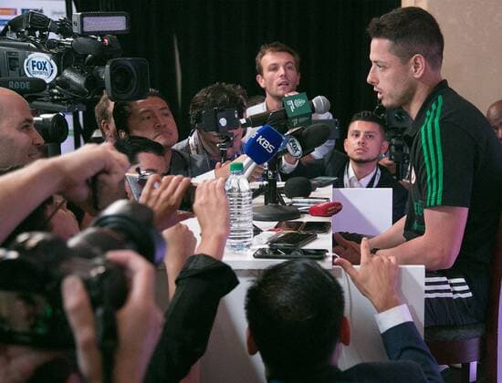 May 25, 2018 - Los Angeles, California, U.S - Javier el Chicharito Hernandez of Mexico s World Cup squad responds to questions from journalists during Mexico Media Day on Friday May 25, 2018 in Beverly Hills, California ahead a pre-World Cup soccer friendly against Wales in Pasadena on May 28. Mexico Soccer Team Media Day - ZUMAp124 20180525_zaa_p124_507 Copyright: xJavierxRojasx
