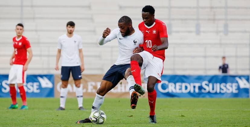 25 05 2018 Tissot Arena Biel SWITZERLAND International Football U21 Switzerland France Olivier Ntcham li France U21 against Dimitri Oberlin Switzerland U21