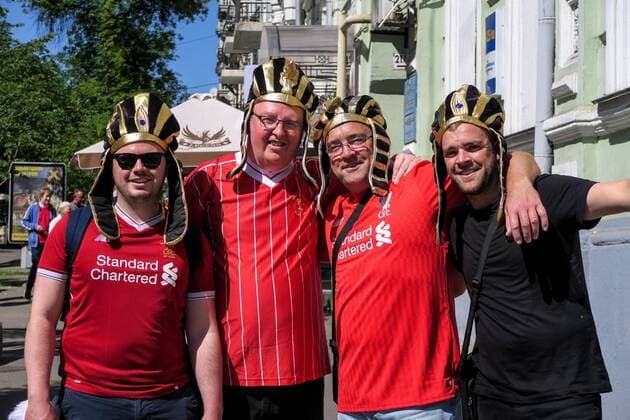 26th May 2018, Kiev Olympic Stadium, Kiev, Ukraine; UEFA Champions League Final, Real Madrid versus Liverpool; Liverpool fans in fancy dress getting ready for the game  ActionPlus12028878 StevexFeeney
