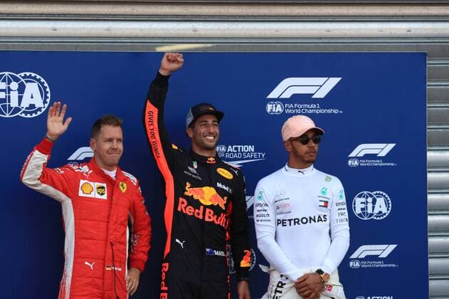 26th May 2018, Circuit de Monaco, Monaco, Monte Carlo; Monaco Formula 1 Grand Prix, Saturday qualifying; Aston Martin Red Bull Racing TAG Heuer, Daniel Ricciardo takes pole followed by Scuderia Ferrari, Sebastian Vettel and Mercedes AMG Petronas Motorsport, Lewis Hamilton  ActionPlus12028964 Octane