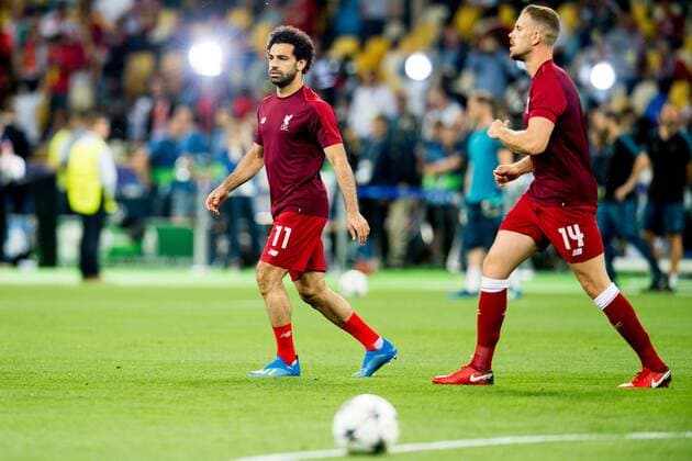 180526 Mohamed Salah of Liverpool and Jordan Henderson of Liverpool during warm up ahead of the UEFA Champions League final between Real Madrid and Liverpool on May 26, 2018 in Kyiv Photo Vegard Wivestad Grott BILDBYRAN Code VG 170178  Copyright: VEGARDxWIVESTADxGRoTT BB180526BB752