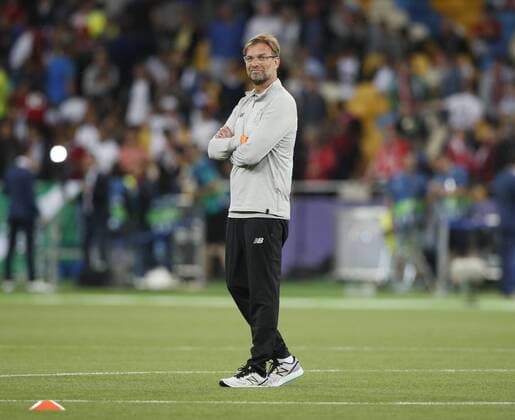 Jurgen Klopp manager of Liverpool watches the warm up during the UEFA Champions League Final match at the NSK Olimpiyskiy Stadium, Kiev. Picture date 26th May 2018. Picture credit should read: David Klein Sportimage EDITORIAL USE ONLY. No use with unauthorised audio, video, data, fixture lists, club league logos or live services. Online in-match use limited to 120 images, no video emulation. No use in betting, games or single club league player publications.