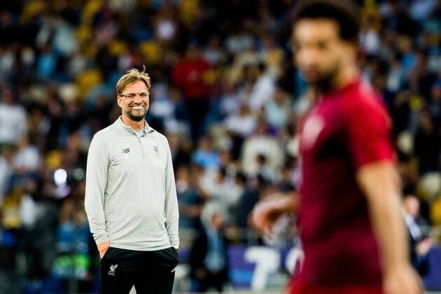 180526 Jürgen Klopp head coach of Liverpool and Mohamed Salah of Liverpool during warm up ahead of the UEFA Champions League final between Real Madrid and Liverpool on May 26, 2018 in Kyiv Photo Vegard Wivestad Grott BILDBYRAN Code VG 170178  Copyright: VEGARDxWIVESTADxGRoTT BB180526BB813