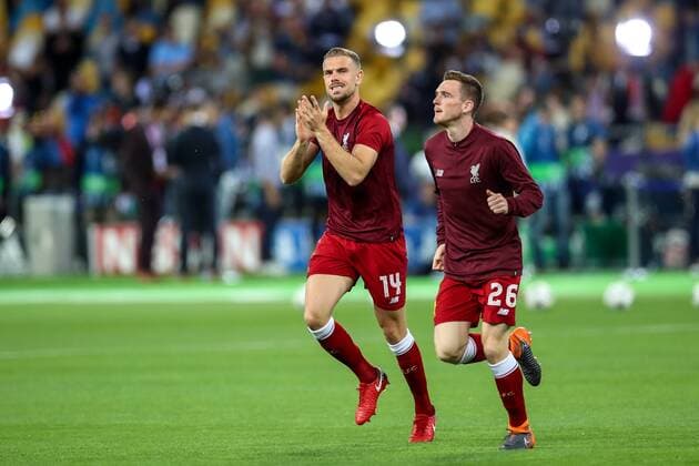 26th May 2018, Kiev Olympic Stadium, Kiev, Ukraine; UEFA Champions League Final, Real Madrid versus Liverpool; Jordan Henderson of Liverpool and Andy Robertson of Liverpool come out to warm up and applaud the fans  ActionPlus12029117 StevexFeeney