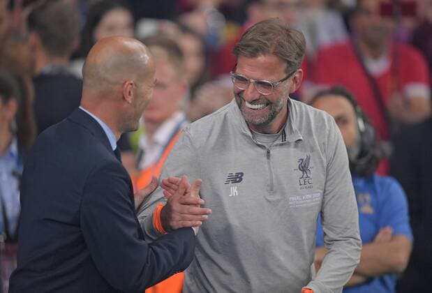 26 05 2018 Football UEFA Champions League Final 2018 Real Madrid FC Liverpool at the Olympic Stadium Kiev Ukraine v l Coach Zinedine Zidane Real Madrid and coach Jürgen Klopp Liverpool