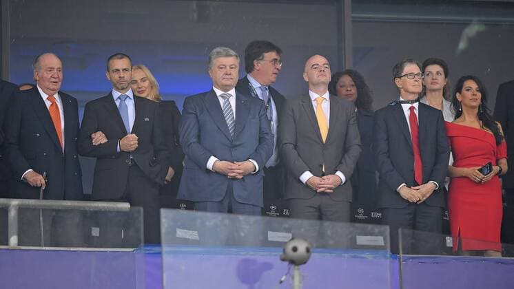 26 05 2018 Football UEFA Champions League Final 2018 Real Madrid FC Liverpool at the Kiev Olympic Stadium Ukraine former Spanish King Juan Carlos li on the arm of UEFA President Aleksander Ceferin 2v l FIFA President Gianni Infantino 3v r