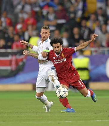 26 05 2018 Football UEFA Champions League Final 2018 Real Madrid FC Liverpool at the Olympic Stadium Kiev Ukraine v l Sergio Ramos Real Madrid against Mohamed Salah Liverpool FC