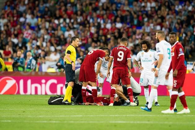 180526 Mohamed Salah of Liverpool with an injury during the UEFA Champions League final between Real Madrid and Liverpool on May 26, 2018 in Kyiv Photo Vegard Wivestad Grott BILDBYRAN Code VG 170178  Copyright: VEGARDxWIVESTADxGRoTT BB180526ZH003