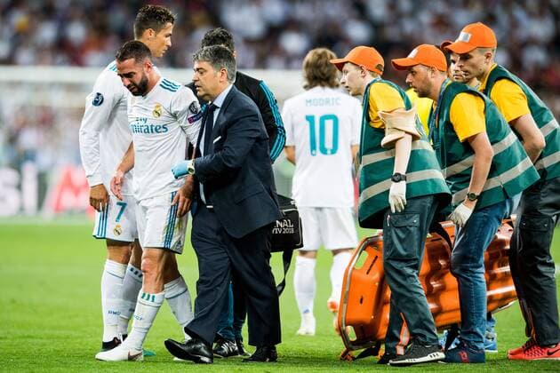 180526 Dani Carvajal or Real Madrid with an injury during the UEFA Champions League final between Real Madrid and Liverpool on May 26, 2018 in Kyiv Photo Vegard Wivestad Grott BILDBYRAN Code VG 170178  Copyright: VEGARDxWIVESTADxGRoTT BB180526ZW011