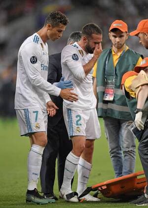 26 05 2018 Football UEFA Champions League Final 2018 Real Madrid FC Liverpool at the Olympic Stadium Kiev Ukraine v l Cristiano Ronaldo Real Madrid consoles Daniel Carvajal Real Madrid, who has to leave the field injured