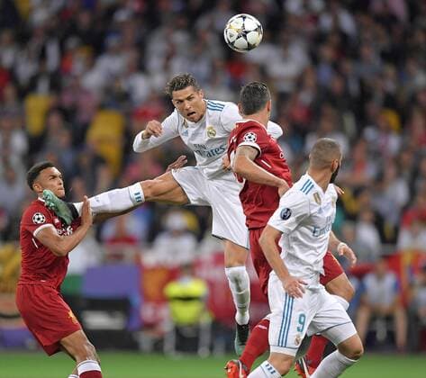 26 05 2018 Football UEFA Champions League Final 2018 Real Madrid FC Liverpool at the Olympic Stadium Kiev Ukraine v l Trent Alexander Arnold Liverpool vs. Cristiano Ronaldo Real Madrid and Dejan Lovren Liverpool FC Karim Benzema Real Madrid