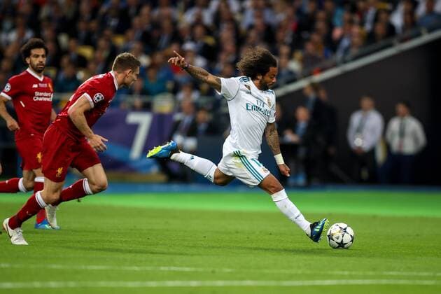 FuÃŸball, CL Finale, Real Madrid - FC Liverpool 26th May 2018, Kiev Olympic Stadium, Kiev, Ukraine; UEFA Champions League Final, Real Madrid versus Liverpool; Marcelo of Real Madrid gets an early shot but it goes wide  ActionPlus12029175 StevexFeeney