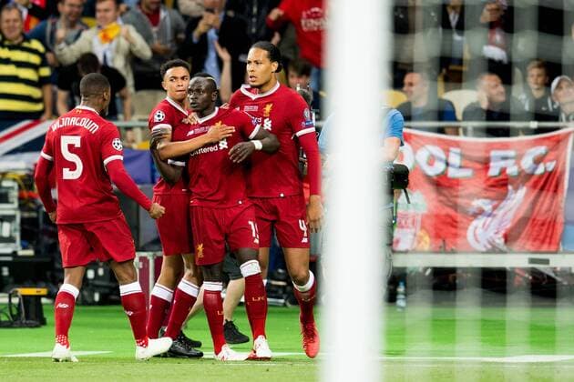 180526 Sadio Mane celebrates with Georginio Wijnaldum Trent Alexander Arnold and Virgil Van Dijk of Liverpool after 1 1 during the UEFA Champions League final between Real Madrid and Liverpool on May 26, 2018 in Kyiv Photo Vegard Wivestad Grott BILDBYRAN Code VG 170178  Copyright: VEGARDxWIVESTADxGRoTT BB180526ZK015