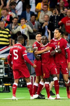 180526 Sadio Mane celebrates with Georginio Wijnaldum Trent Alexander Arnold and Virgil Van Dijk of Liverpool after 1 1 during the UEFA Champions League final between Real Madrid and Liverpool on May 26, 2018 in Kyiv Photo Vegard Wivestad Grott BILDBYRAN Code VG 170178  Copyright: VEGARDxWIVESTADxGRoTT BB180526ZP016