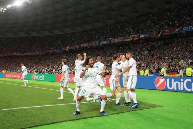 Fußball, CL Finale, Real Madrid - FC Liverpool SOCCER - UEFA CL final, Liverpool vs Real, preview KIEV,UKRAINE,26.MAY.18 - SOCCER - UEFA Champions League, final, Liverpool FC vs Real Madrid CF. Image shows the rejoicing of Marcelo and the team of Real Madrid. GEPAxpictures xMaticxKlansek