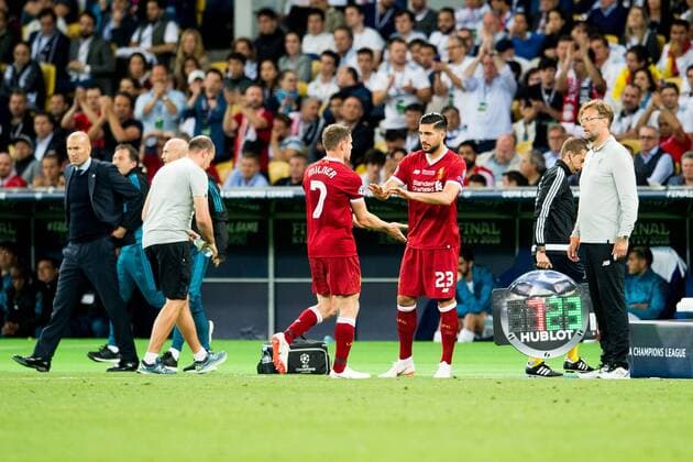180526 James Milner and Emre Can of Liverpool during the UEFA Champions League final between Real Madrid and Liverpool on May 26, 2018 in Kyiv Photo Vegard Wivestad Grott BILDBYRAN Code VG 170178  Copyright: VEGARDxWIVESTADxGRoTT BB180526ZT027