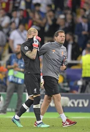 26 05 2018 Football UEFA Champions League Final 2018 Real Madrid FC Liverpool at the Olympic Stadium Kiev Ukraine Goalkeeper Loris Karius FC Liverpool disappointed and will be comforted by goalkeeper coach John Achterberg FC Liverpool
